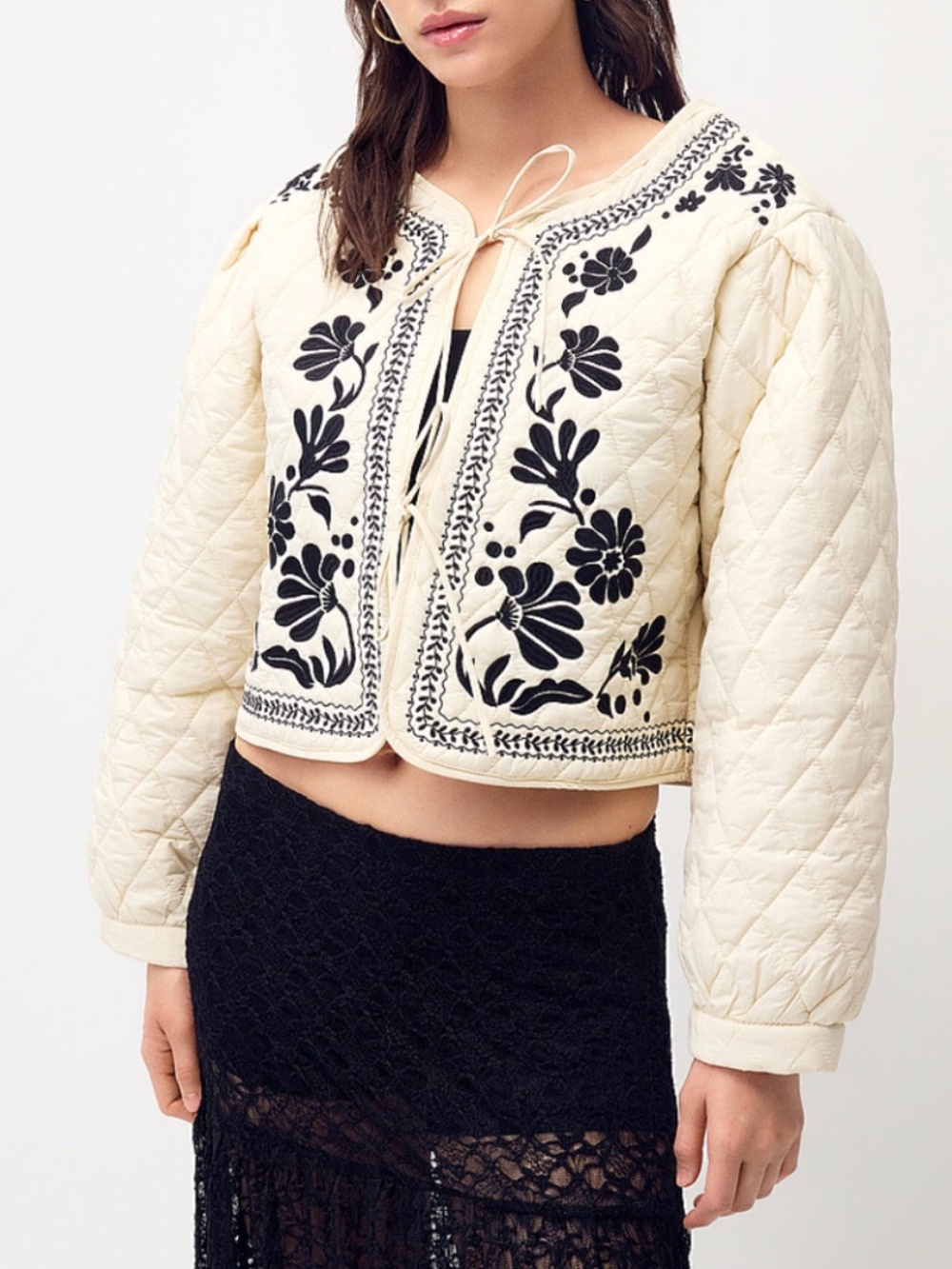 HYFVE cream and black boho embroidered flowers quilted jacket NWT